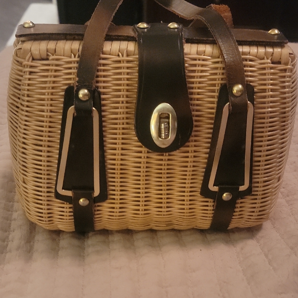 Unique Stylish Tan and Brown Leather And Wicker Handbag